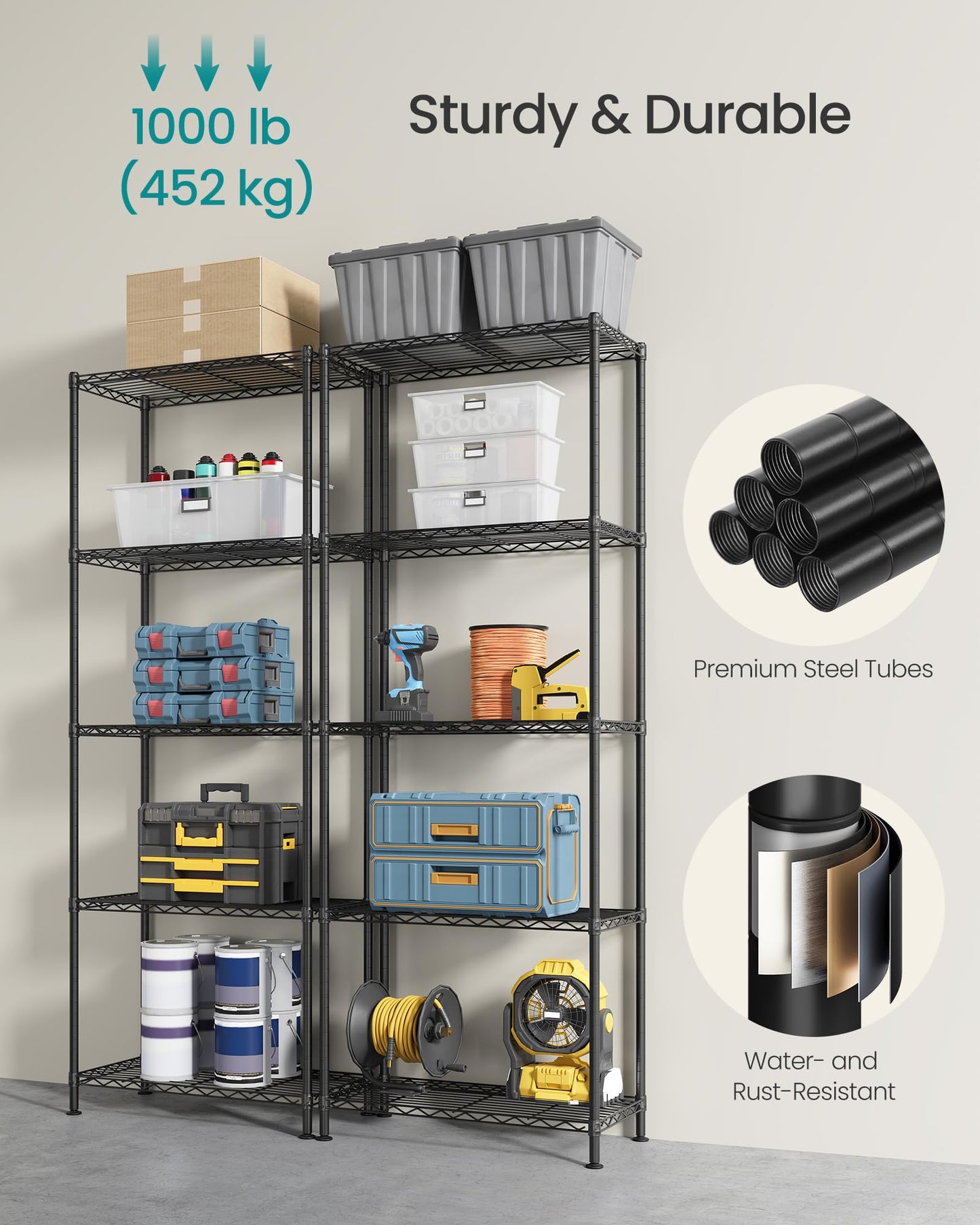 SONGMICS Storage Shelf, Small Metal Wire Shelving Unit, Adjustable Shelves, for Small Spaces, Garage, Bedroom, Living Room, Kitchen, Pantry, 5 Tier, 11.8 x 11.8 x 47.6 Inches, Ink Black ULGR123BH01