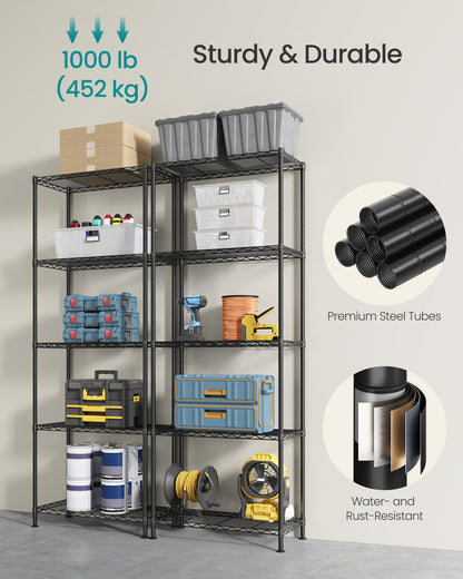 SONGMICS Storage Shelf, Small Metal Wire Shelving Unit, Adjustable Shelves, for Small Spaces, Garage, Bedroom, Living Room, Kitchen, Pantry, 5 Tier, 11.8 x 11.8 x 47.6 Inches, Ink Black ULGR123BH01