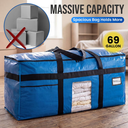 TAILI 69 Gallon Extra Large Storage Bags, XXL Blue Heavy Duty Moving Bags For Storage with Visible Window, Wrap Around Handles, Totes for Space Saving, Alternative to Moving Boxes (2 Pack)