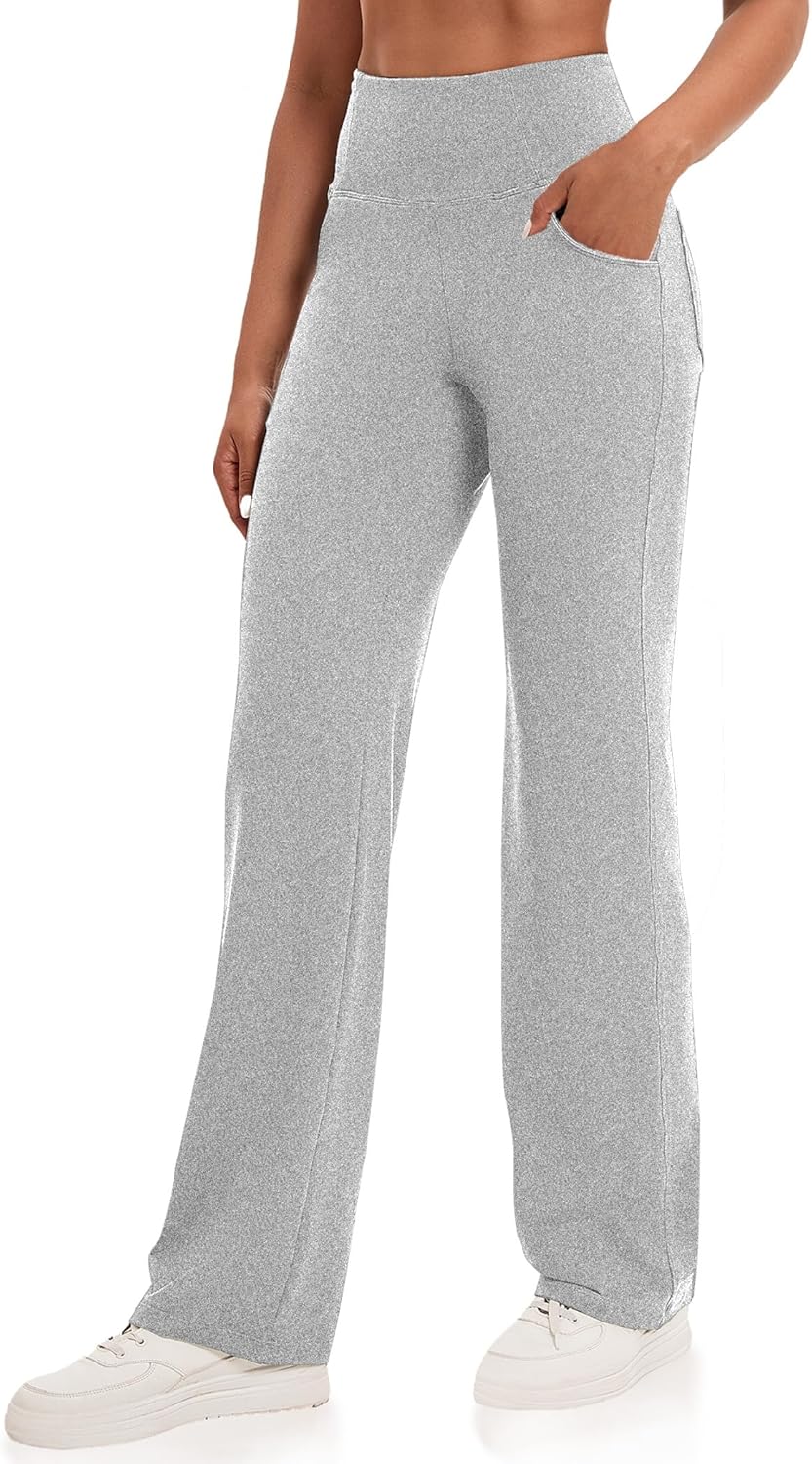 VOOVEEYA Yogahosen für Damen mit Taschen, gerade geschnittene Hose mit weitem Bein, hochtaillierte Business-Hose, petite/regulär//lang