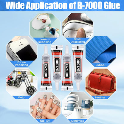 B-7000 Kleber, Mehrzweck-Bastelkleber in Industriequalität, klar, halbflüssig, zum Verkleben von Telefonbildschirmen, Tablets, Schmuck, Strasssteinen, DIY Elektronikkomponenten, Reparatur von Glas, Metall (4x15 ml/0.5 oz)