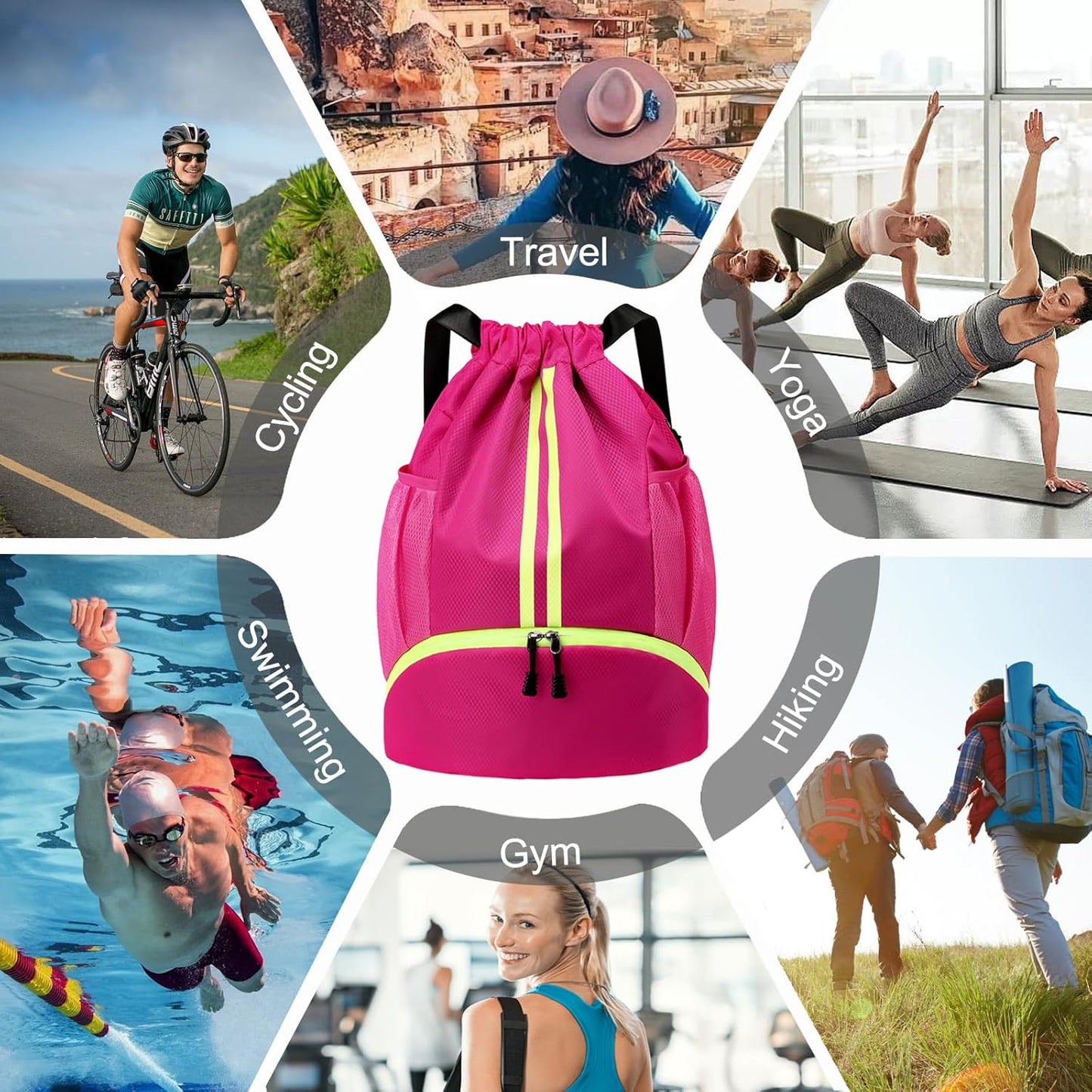 Hoedia Sports-Kordelzugrucksack – Schwimm-Turnbeutel mit Schuhfach und wasserdichter Tasche für Damen und Herren