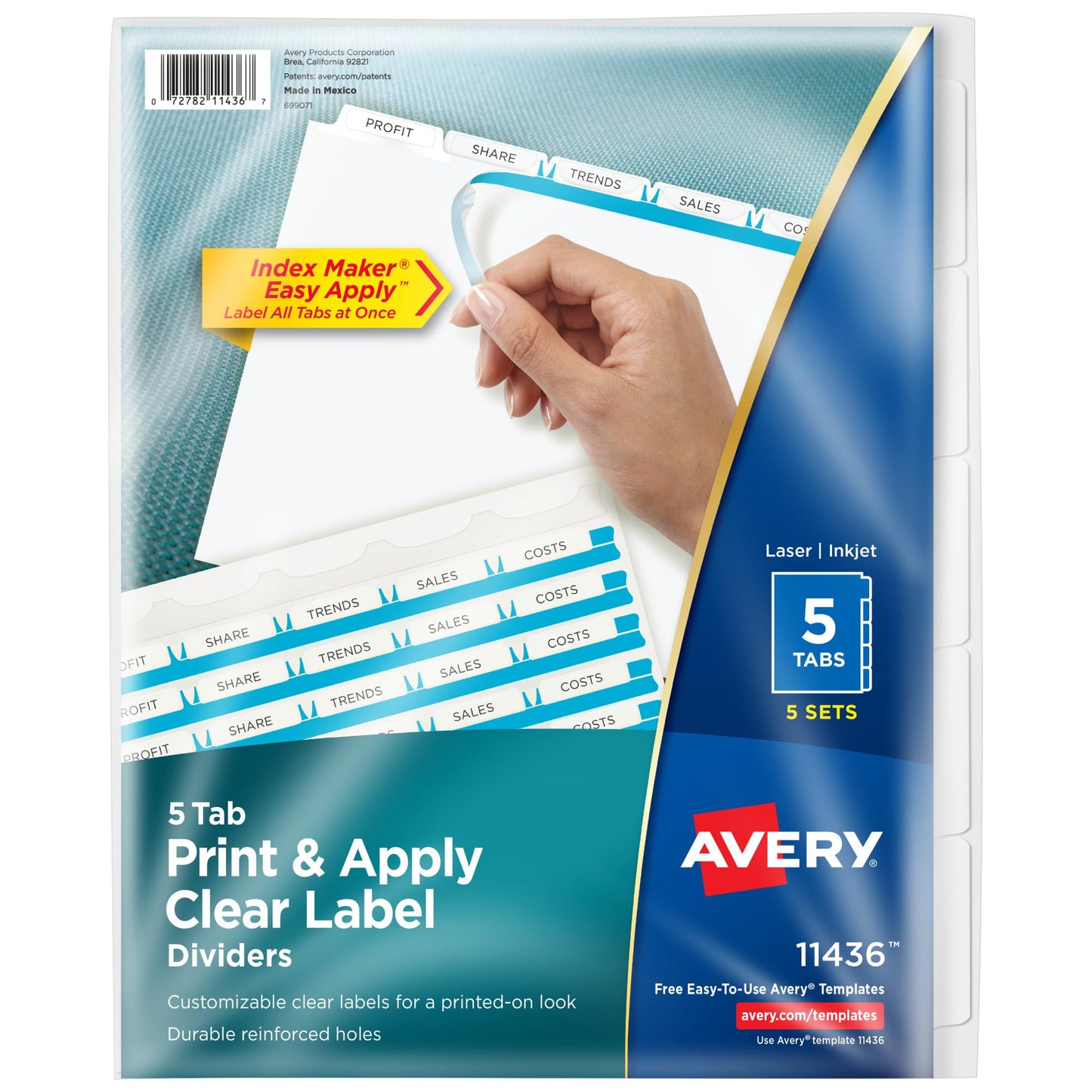 Avery 5 Tab Dividers for 3 Ring Binder, Easy Print & Apply Clear Label Strip, Index Maker Customizable White Tabs, 50 Sets (11556)