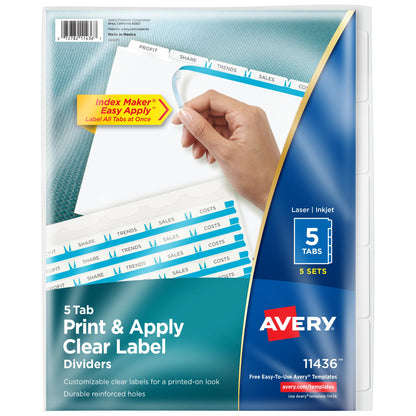 Avery 5 Tab Dividers for 3 Ring Binder, Easy Print & Apply Clear Label Strip, Index Maker Customizable White Tabs, 50 Sets (11556)