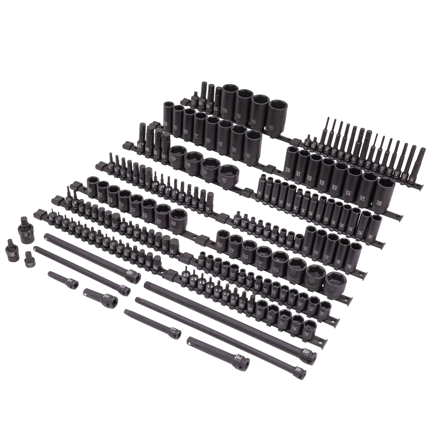 SUNEX Tools 80 Piece 3/8 in. Drive Master Impact Socket Set, Universal, Star, External Star, Extensions, Universal Joint, SAE and Metric, 8mm to 19mm and 5/16 in. to 3/4 in., CR-MO Steel, Model 3580