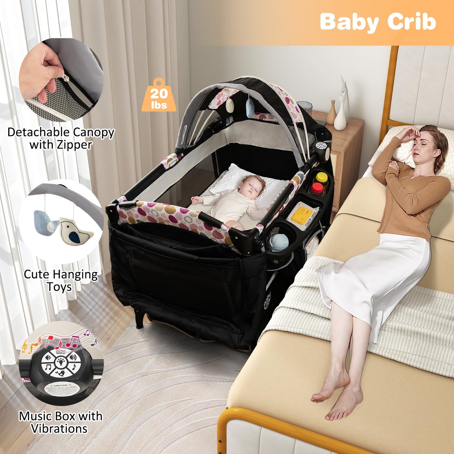 BABY JOY 4 in 1 Pack and Play, Portable Baby Playard with Bassinet & Flip-Away Changing Table, Canopy, Portable Bedside Crib with Storage Basket, Oxford Bag, Infant Bassinet from Newborn to Toddlers