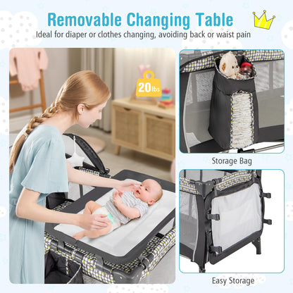 BABY JOY 4 in 1 Pack and Play with Canopy, Portable Baby Playard with Bassinet, Double-Layer Baby Crib, Wheels & Brake, Foldable Baby Girl Pink Bassinet from Newborn to Toddler