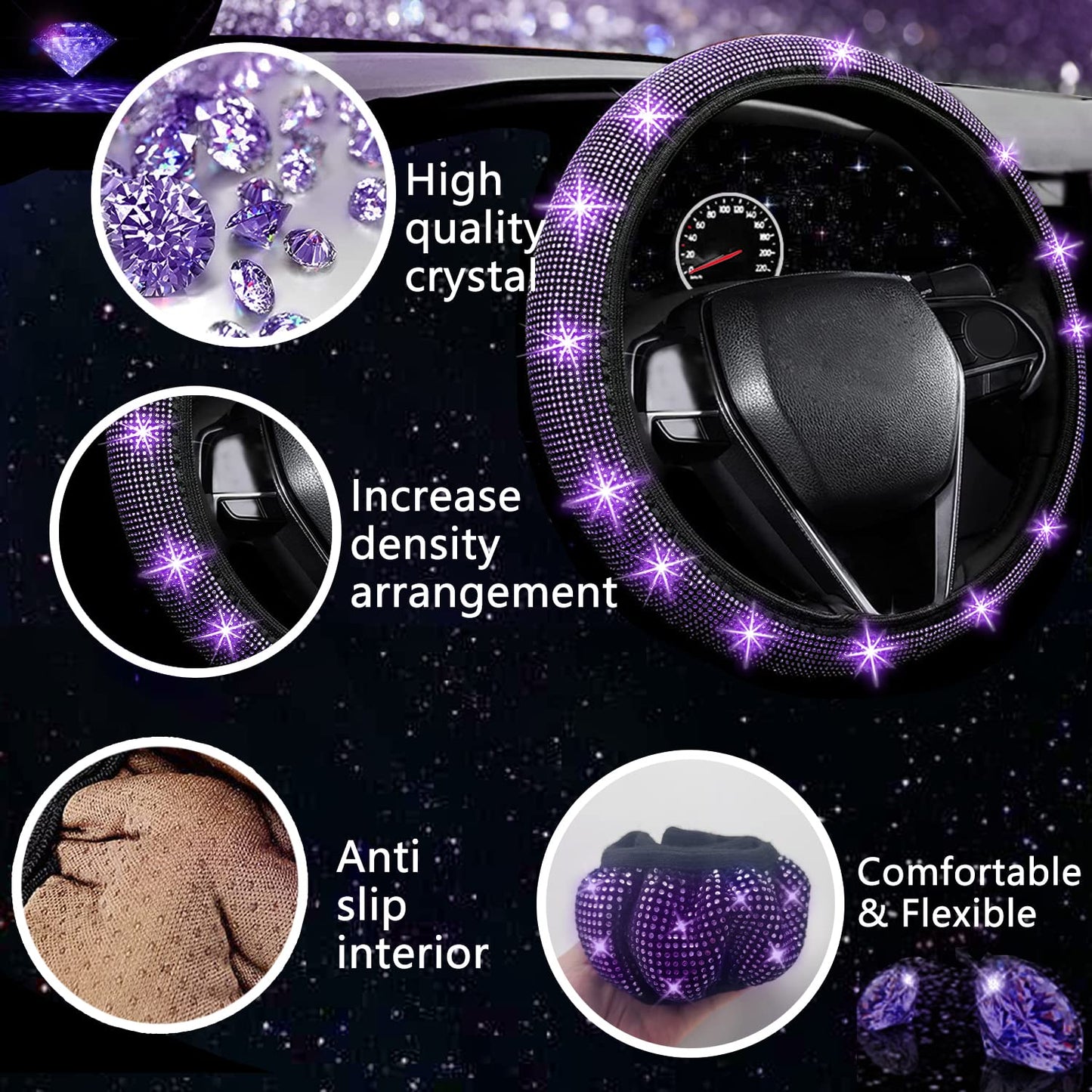 NBTEPEM 27-Piece Bling Car Accessories Set - Universal Fit Steering Wheel Covers, License Plate Frames, Phone Holder, Car Fast Charger, Coasters (Pink)