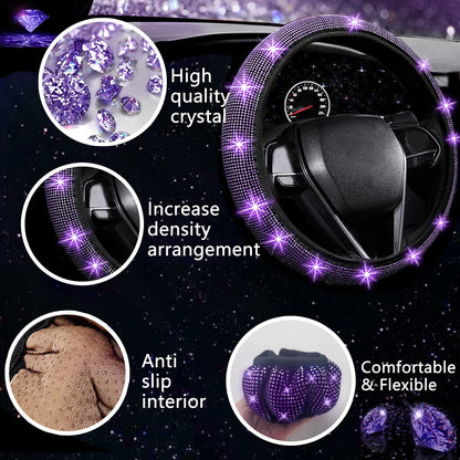 NBTEPEM 27-Piece Bling Car Accessories Set - Universal Fit Steering Wheel Covers, License Plate Frames, Phone Holder, Car Fast Charger, Coasters (Pink)