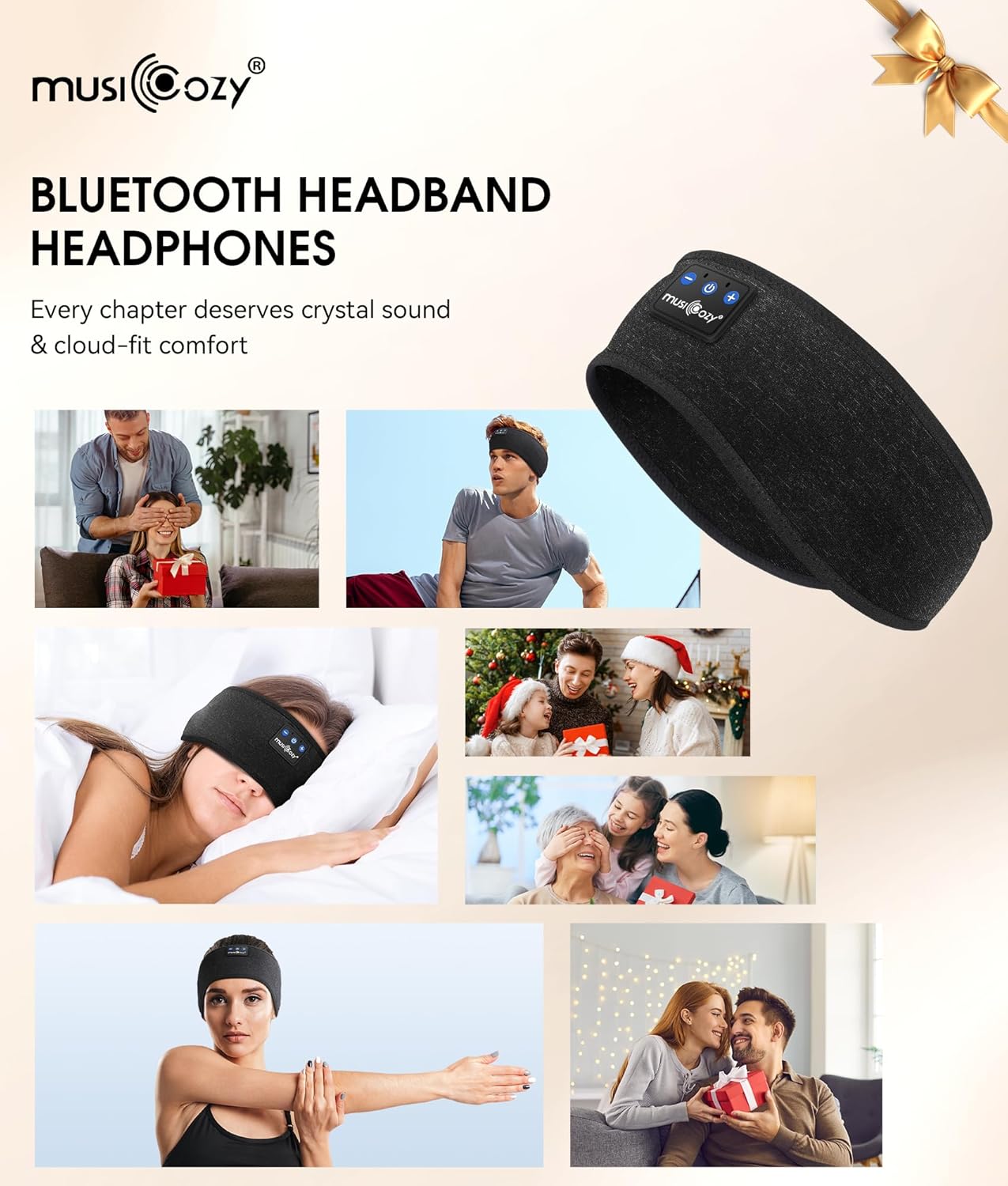 MUSICOZY Bluetooth 5.4 Schlaf-Kopfhörer-Stirnband, kabellose Schlaf-Kopfhörer-Schlafmaske Ohrhörer IPX6 wasserdicht für Seitenschläfer, Training, Laufen, Schlaflosigkeit, Reisen, Yoga, coole Tech-Gadgets, einzigartiges Geschenk