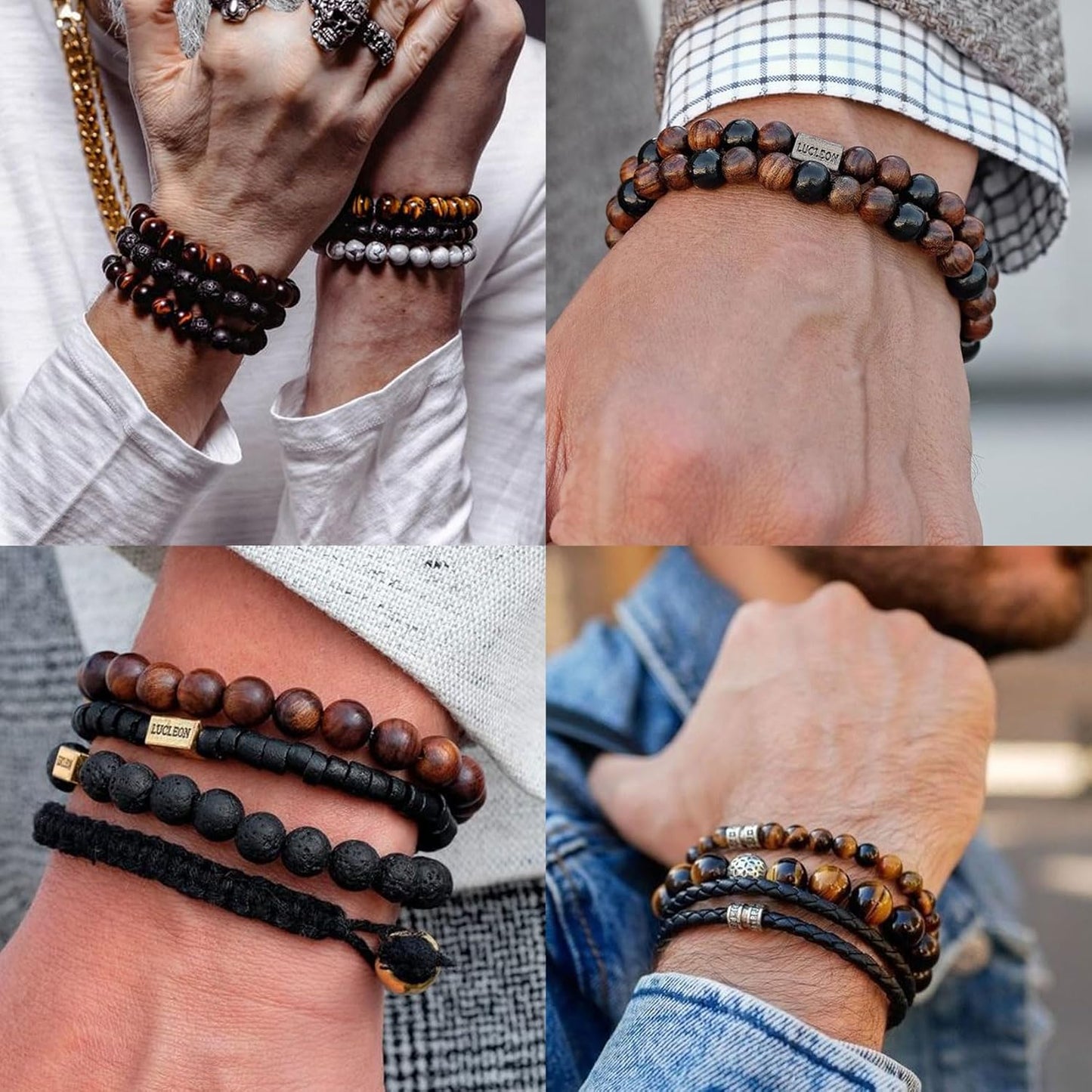 Tigerauge Armband für Herren 8MM Natursteinperlen Armband Set Stretch Lava Stein Armbänder Verstellbares Schwarzes Kristallperlenarmband für Herren Damen Geschenke