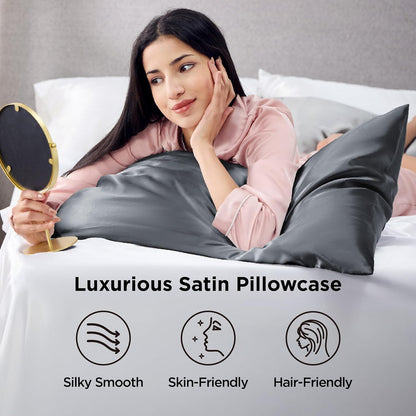 Bedsure Satin-Kissenbezug, Queen-Size, 2er-Pack, Seidenkissenbezügen ähnlich, seidige Kissenhüllen mit Hotelverschluss, Raumdeko, Valentinsgeschenke für Frauen und Männer, Grau, 50x75 cm