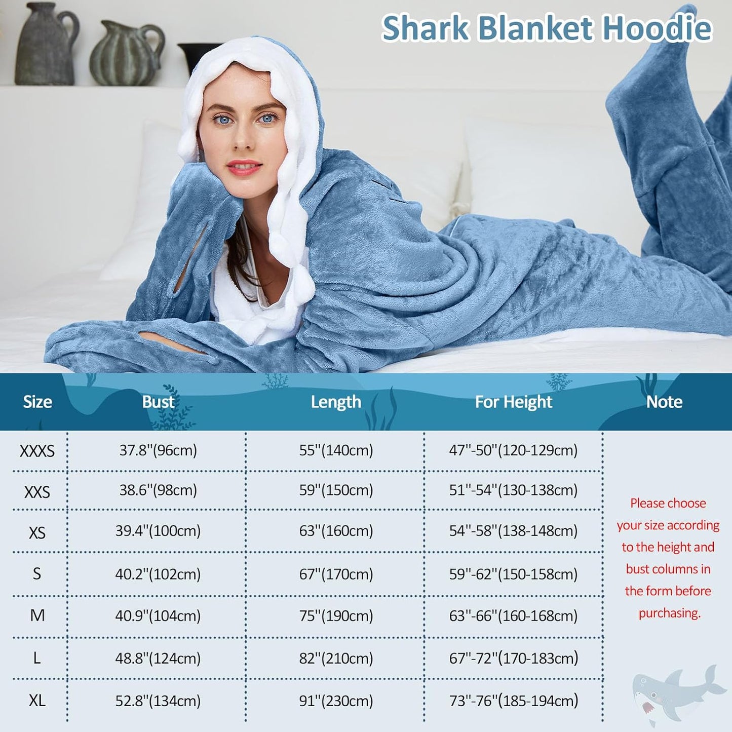 Shark-Decke-Hoodie-Onesie für Erwachsene und Kinder, kuscheliger Flanell-Kostüm-Schlafsack