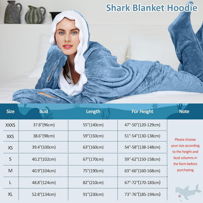 Shark-Decke-Hoodie-Onesie für Erwachsene und Kinder, kuscheliger Flanell-Kostüm-Schlafsack