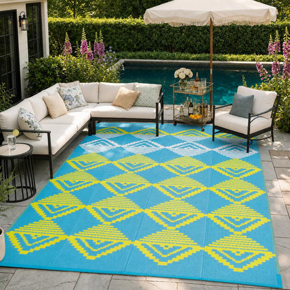 Lahome Outdoor Rugs 8x10 Waterproof, Reversible Outdoor Plastic Straw Rug for Camping Patio, RV Outdoor Rugs Outside, Outdoor Carpet for Porch Deck Backyard Picnic(Blue/Yellow,8'x 10')