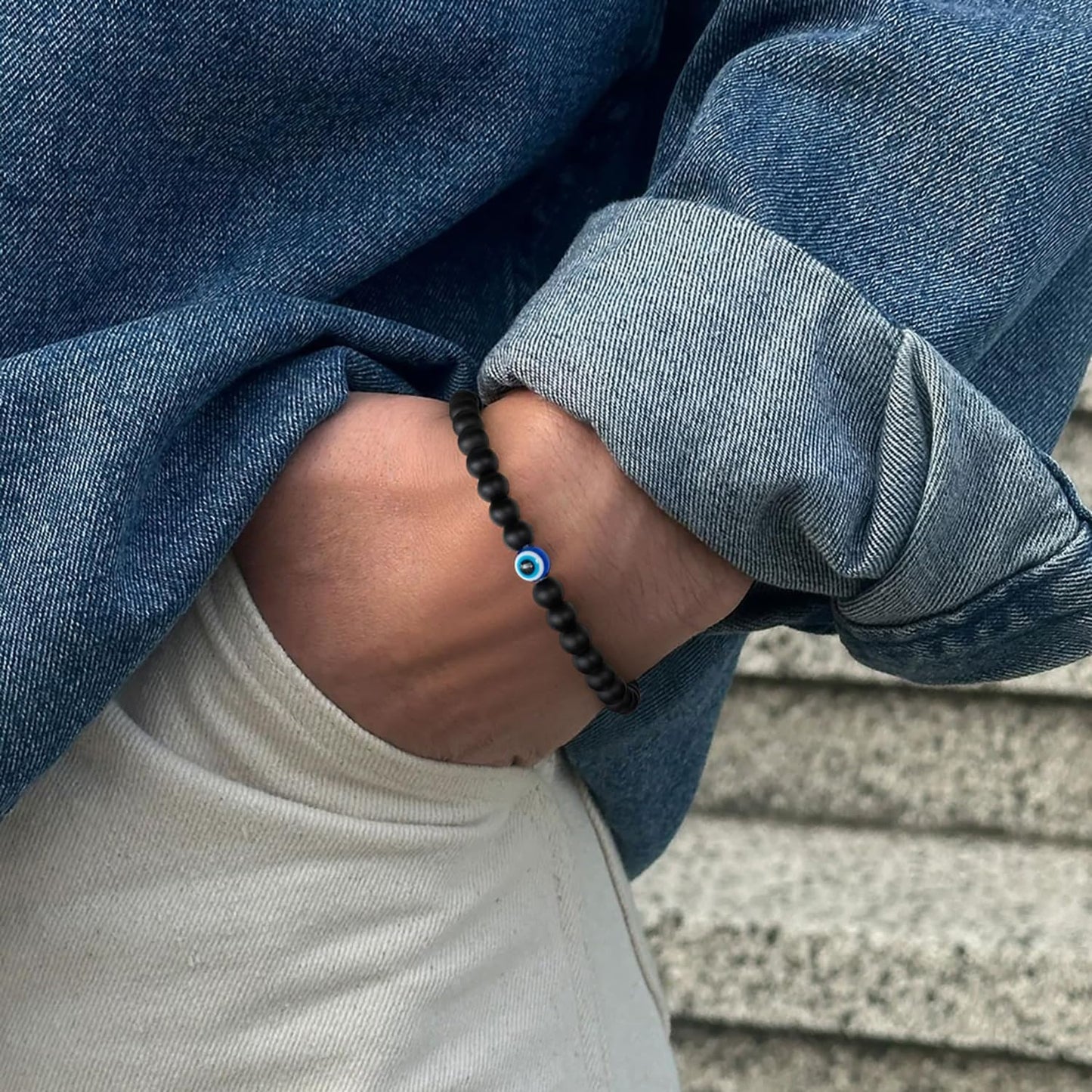 6 mm Böses Auge Armband aus schwarzen Kristallen – verstellbares Set aus Natursteinen für Herren und Damen, Schutzamulett als Geschenk für den Alltag/Geburtstag/Jahrestag