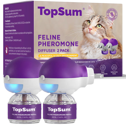 TopSum Cat Calming Pheromone Diffuser: Feline Pheromones Plug in for Stress, Alone At Home, Spraying, Fighting, Scratching, Aggression & Excessive Meowing (Purple– 6 Refills)