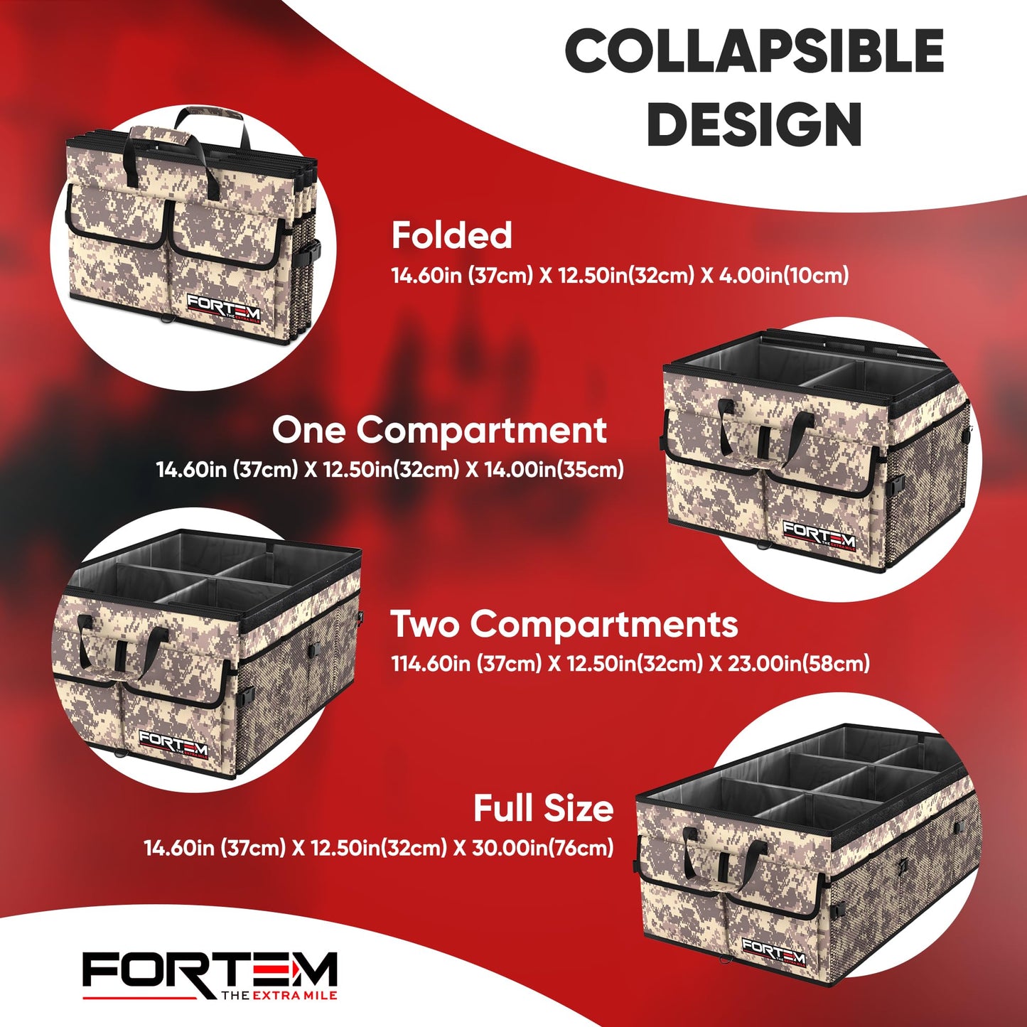 FORTEM Car Trunk Organizer, Collapsible Multi Compartment Car Organizer, Foldable SUV Storage for Car Accessories for Women Men, Non Slip Bottom, Securing Straps, Soft Cover 50L (Black, Standard)