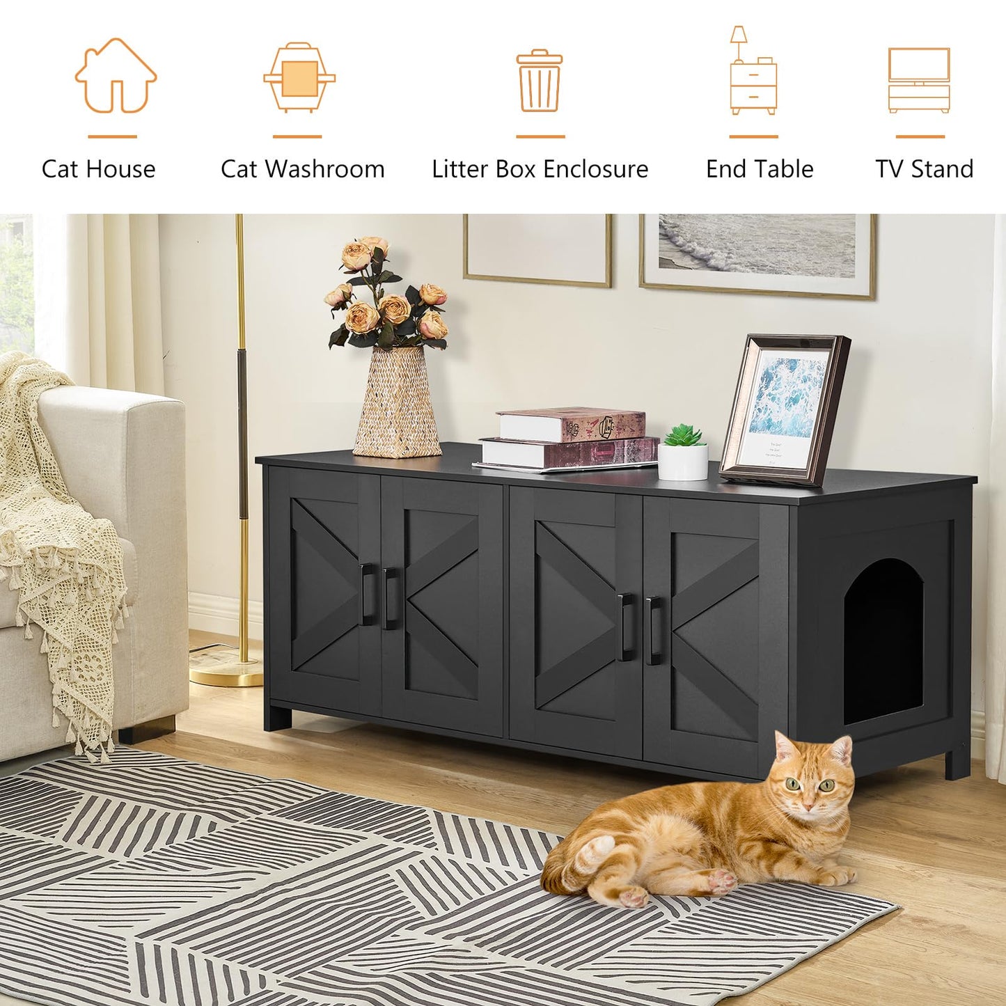 Homhedy Cat Litter Box Enclosure, Wooden Cat Washroom Furniture with Barn Door, Pet House, Fit Most of Litter Box, White