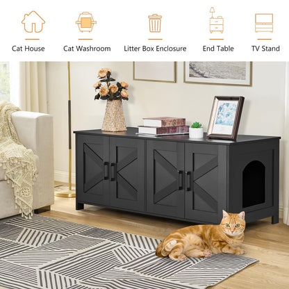 Homhedy Cat Litter Box Enclosure, Wooden Cat Washroom Furniture with Barn Door, Pet House, Fit Most of Litter Box, White