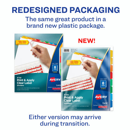 Avery 8 Tab Dividers for 3 Ring Binder, Easy Print & Apply Clear Label Strip, Index Maker Customizable Multicolor Tabs, 25 Sets (11424)