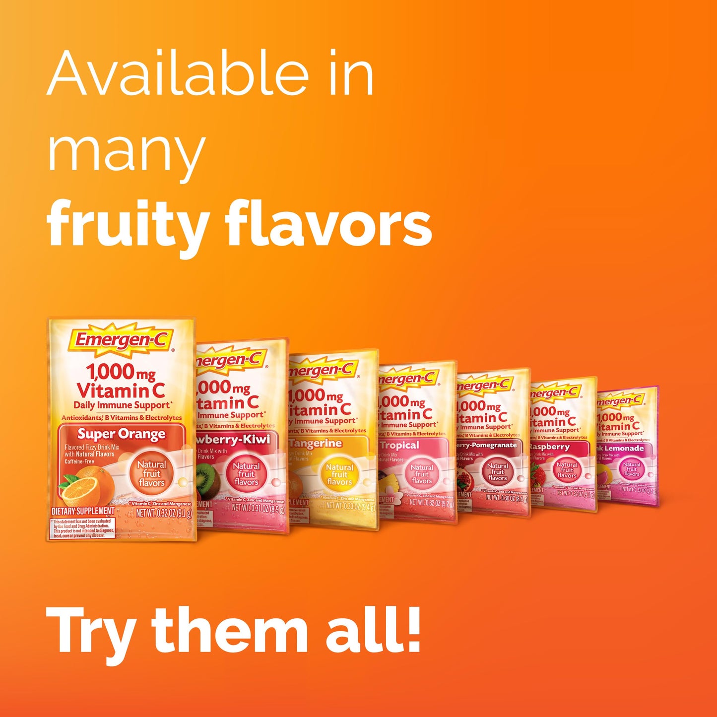 Emergen-C 1000mg Vitamin C Powder, with Antioxidants, B Vitamins and Electrolytes, Vitamin C Supplements for Immune Support, Caffeine Free Drink Mix, Raspberry Flavor - 60 Count/2 Month Supply