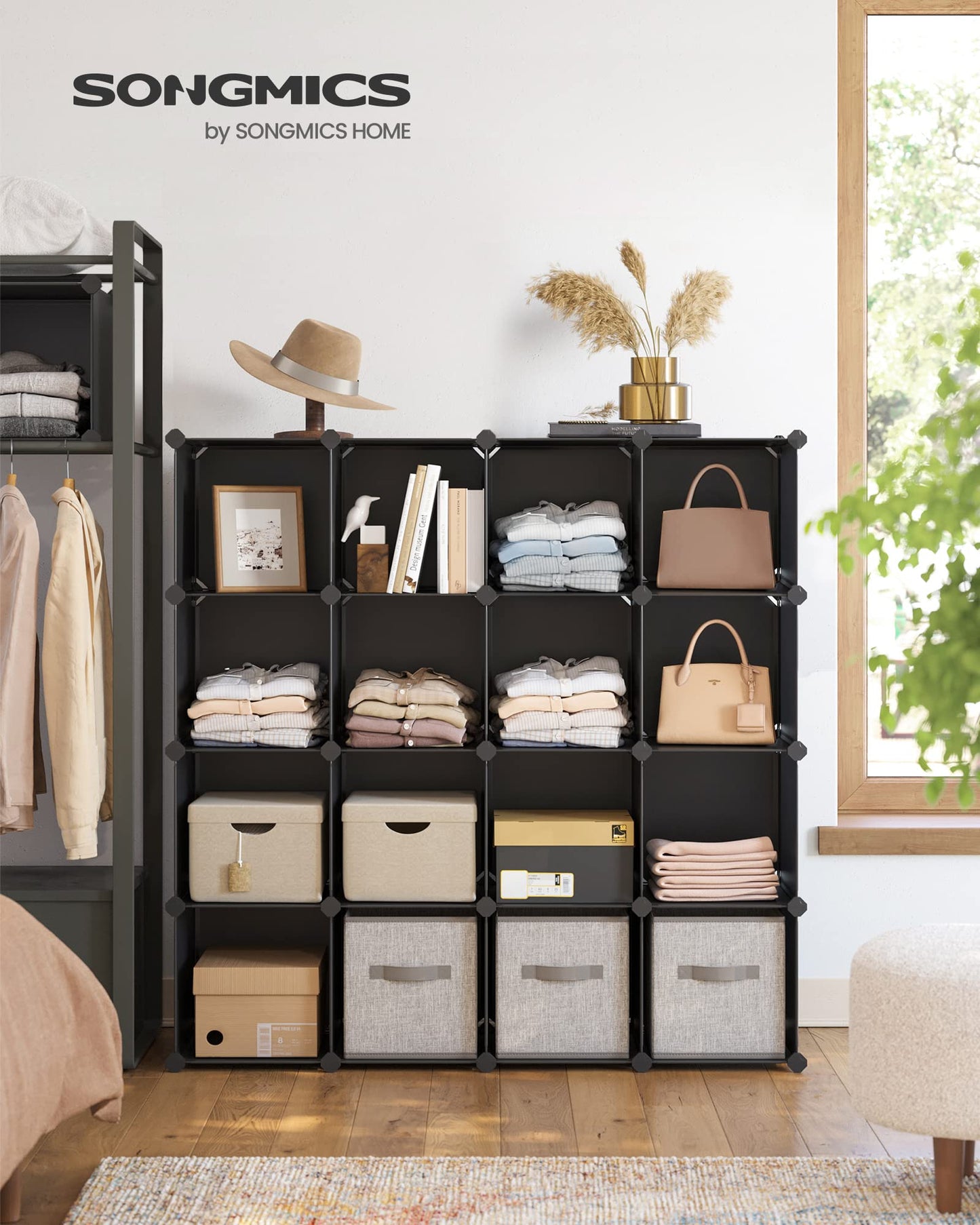 SONGMICS Cube Storage Organizer, Set of 16 Plastic Cubes, Closet Organizers and Storage, Room Organization, Bedroom Living Room, 12.2 x 48.4 x 48.4 Inches, Rustic Brown ULPC442A01