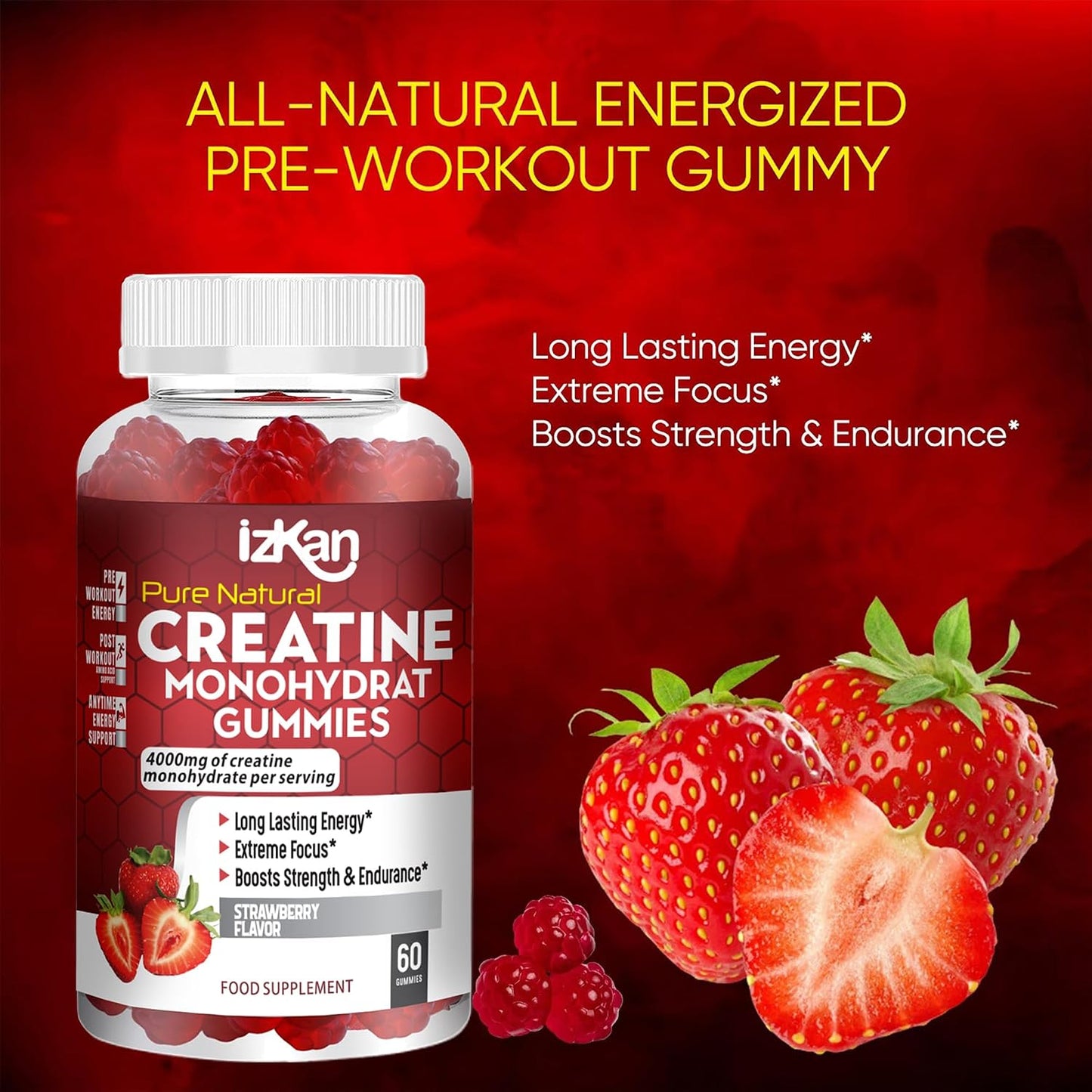 Pro Creatine Monohydrate Gummies 4000mg for Men & Women - 60 Chewable Creatine Gummies Strawberry Flavoured Creatine | Pre Workout Gym Supplement| Keto | Vegan | (3)