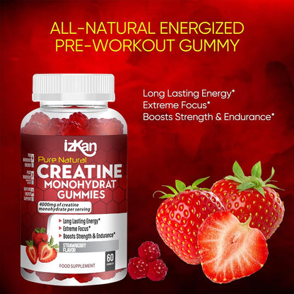 Pro Creatine Monohydrate Gummies 4000mg for Men & Women - 60 Chewable Creatine Gummies Strawberry Flavoured Creatine | Pre Workout Gym Supplement| Keto | Vegan | (3)