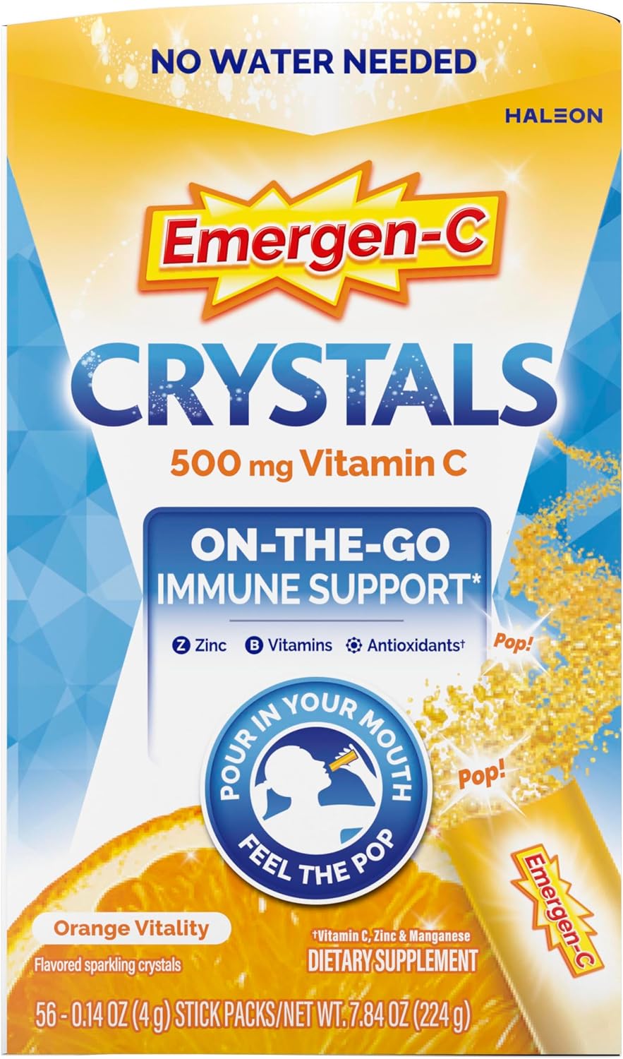 Emergen-C Crystals, On-the-Go Immune Support Supplement with Vitamin C, B Vitamins, Zinc and Manganese, Orange Vitality - 56 Stick Packs (Pack of 6)