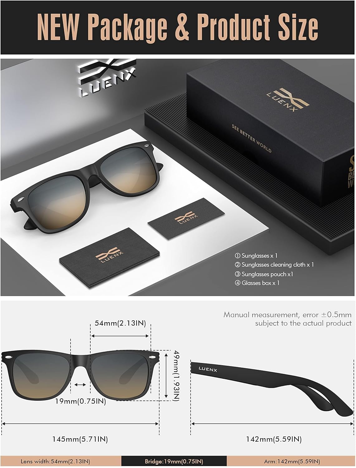 LUENX Polarisierte Sonnenbrillen für Herren und Damen, quadratische Fassung – UV-400-Schutz, 54 mm