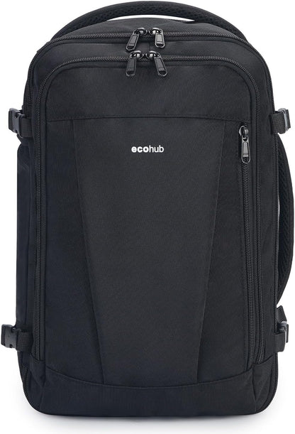 ECOHUB 16'' Reise-Rucksack Handgepäck Unterseat-Rucksack Persönlicher Gegenstand Flugzeug-Reisetasche mit 13 Taschen Handgepäck Flaschenhalter USB-Ladeanschluss Casual Daypack für Frauen Männer Schwarz