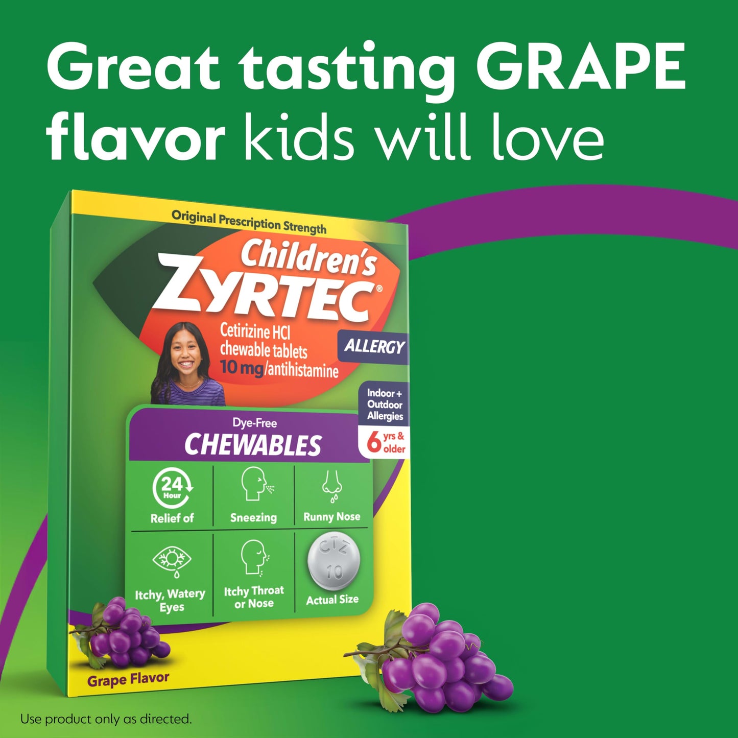Zyrtec Children's Dye-Free Chewables for 24 Hour Allergy Relief, 10 mg Cetirizine Hydrochloride Antihistamine Tablets, Kids Allergy Medicine Relieves Sneezing & Itchy Throat, Grape, 48 ct(Pack of 2)
