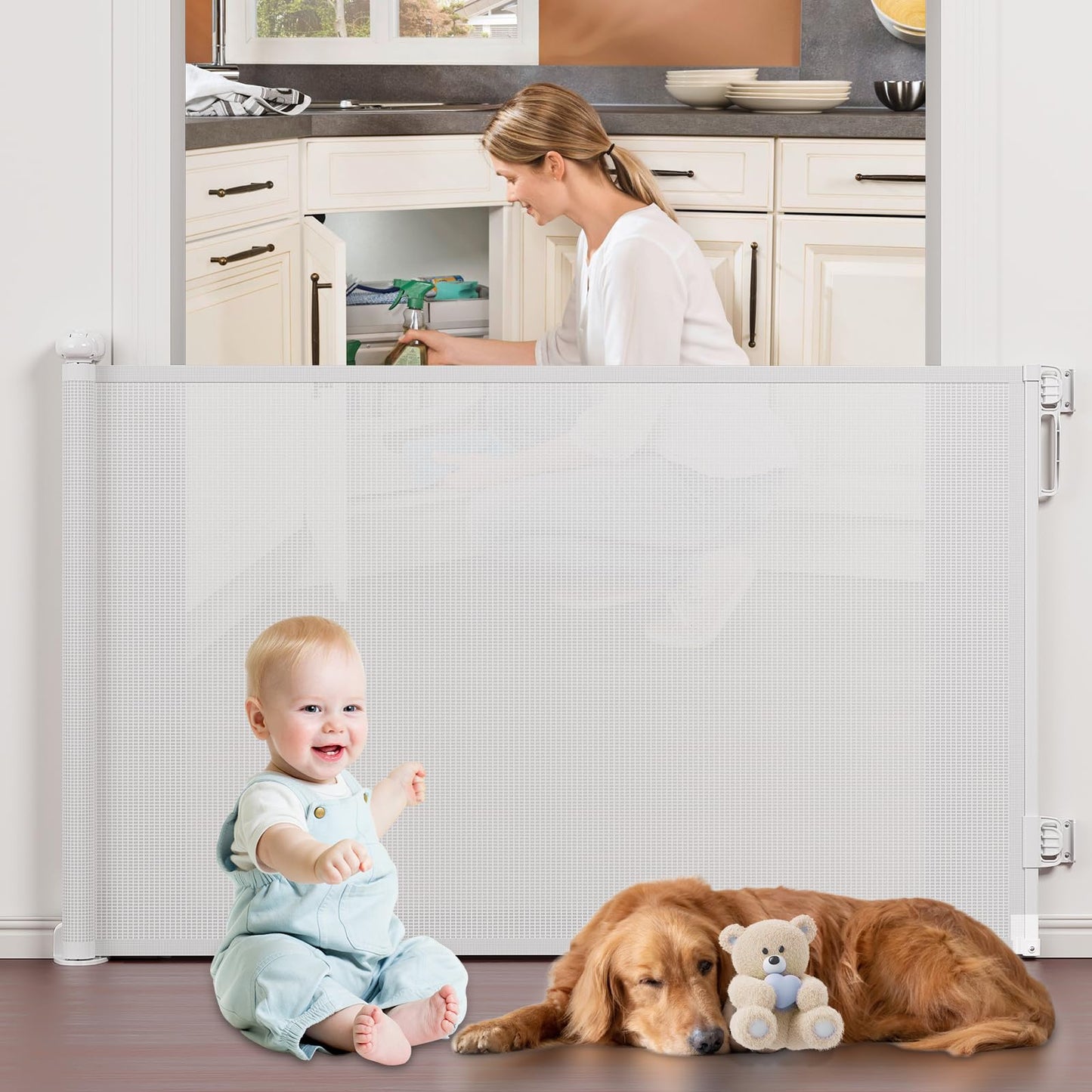 PRObebi Retractable Dog Gate for the House Extends to 54" Wide 34" Tall, Gates for Baby Indoor, Stair Gate for Outdoor, Staris, Hallways, Doorways, Deck, Porch, Need Drilling