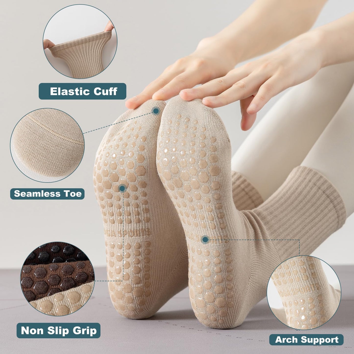 BONANGEL Pilates Socken mit Noppen für Damen, 3 Paar rutschfeste Yoga Ballett Barre Krankenhaus Sport Socken für Damen