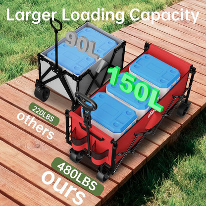 Extra Long Collapsible Wagon Cart, 480LBS Heavy Duty Utility Wagons with All-Terrain Wheels, Foldable Grocery Carts for Gardening, Shopping, Beach, Camping, Black