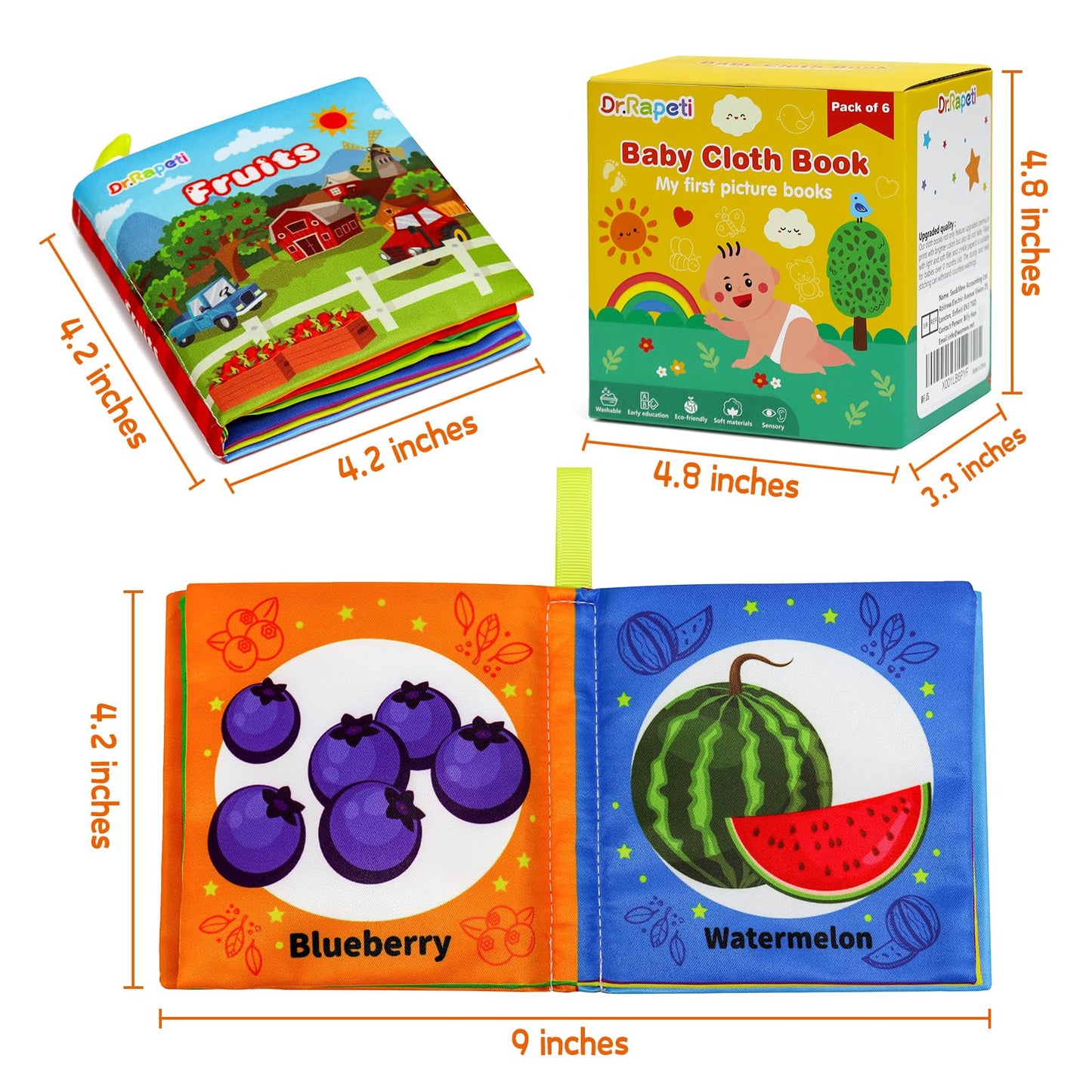Dr.Rapeti Stoffbücher Babybücher Badebücher 6er-Pack für Babys Kleinkinder Kinder Raschelnd Quietschend Waschbar Beißfest Ungiftig Frühpädagogisch Geschenkbar