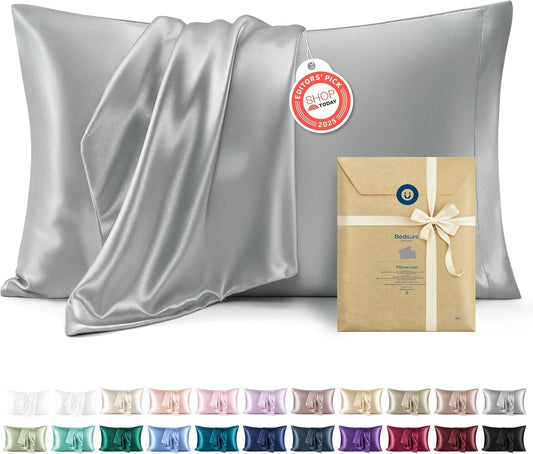 Bedsure Satin Pillow Case Queen Size 2 Pack, Similar to Silk Pillow Cases, Silky Pillowcase Covers with Envelope Closure, Room Decor Valentine Gifts for Women Men, Grey, 20x30 Inches