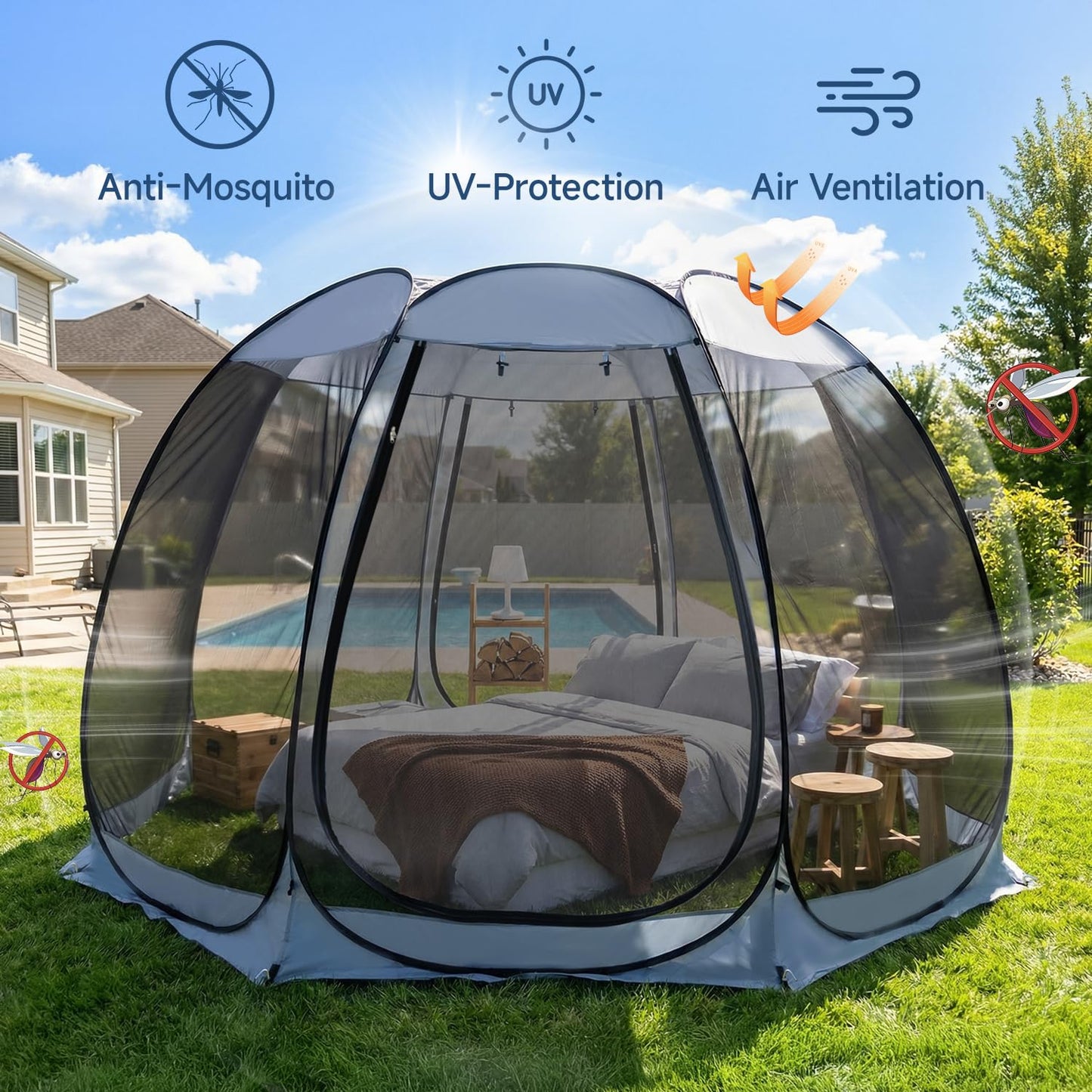 Alvantor Pop Up Screen House Tent, Instant Outdoor Gazebo with Mosquito Netting & UPF 50+ Sun Protection, Portable Canopy Shelter for Patio, Backyard, Camping (2-10 Person)