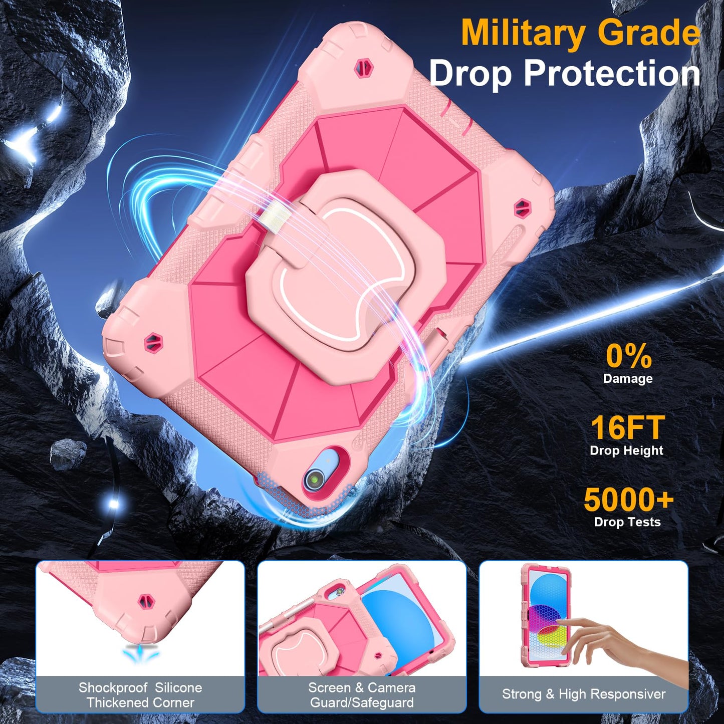 Case for iPad A16 11th Generation 11 Inch 2025, Auorld for iPad 10th Generation 10.9 inch 2022 case with Screen Protector, 360 Degree Rotating Stand Shoulder Strap Pencil Holder, Navy Pink