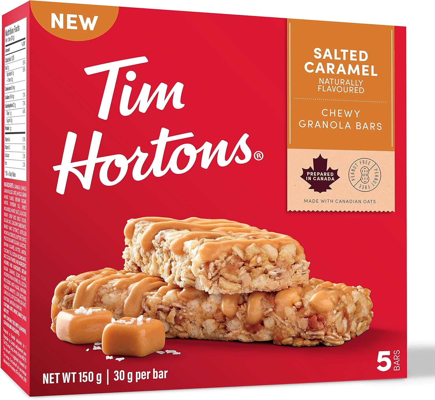 Tim Hortons Salted Caramel Granola Bars, Peanut Free, 5 Count, Imported from Canada)