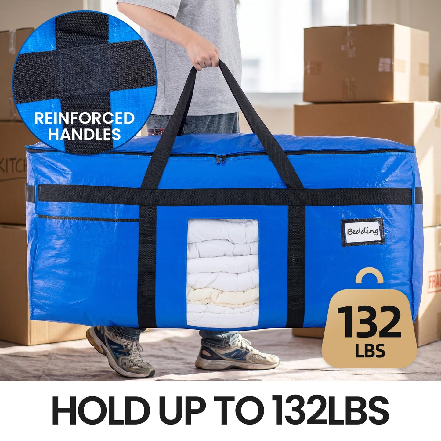 TAILI 69 Gallon Extra Large Storage Bags, XXL Blue Heavy Duty Moving Bags For Storage with Visible Window, Wrap Around Handles, Totes for Space Saving, Alternative to Moving Boxes (2 Pack)