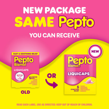 Pepto Bismol Liquicaps, Upset Stomach Relief, Nausea Relief, Heartburn Relief, Indigestion Relief, Anti Diarrhea Medication for Adults - 5 Symptom Fast Relief, No Flavor, 48 ct (Pack of 12)
