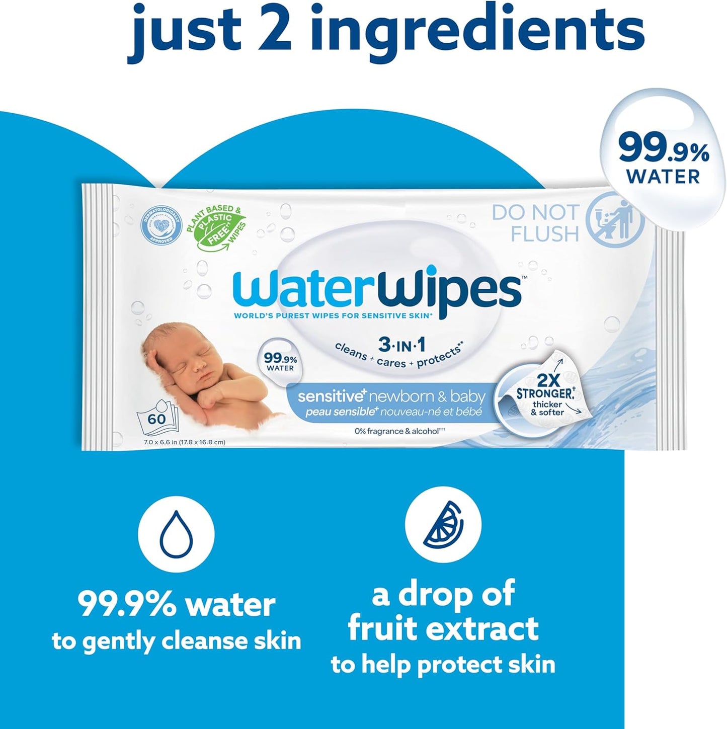 WaterWipes Sensitive+ Baby-Feuchttücher für Neugeborene und Babys, 3-in-1 reinigt, pflegt, schützt, 99,9 % Wasser, unparfümiert & hypoallergen, 720 Stück (12 Packungen)