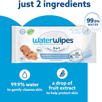 WaterWipes Sensitive+ Baby-Feuchttücher für Neugeborene und Babys, 3-in-1 reinigt, pflegt, schützt, 99,9 % Wasser, unparfümiert & hypoallergen, 720 Stück (12 Packungen)