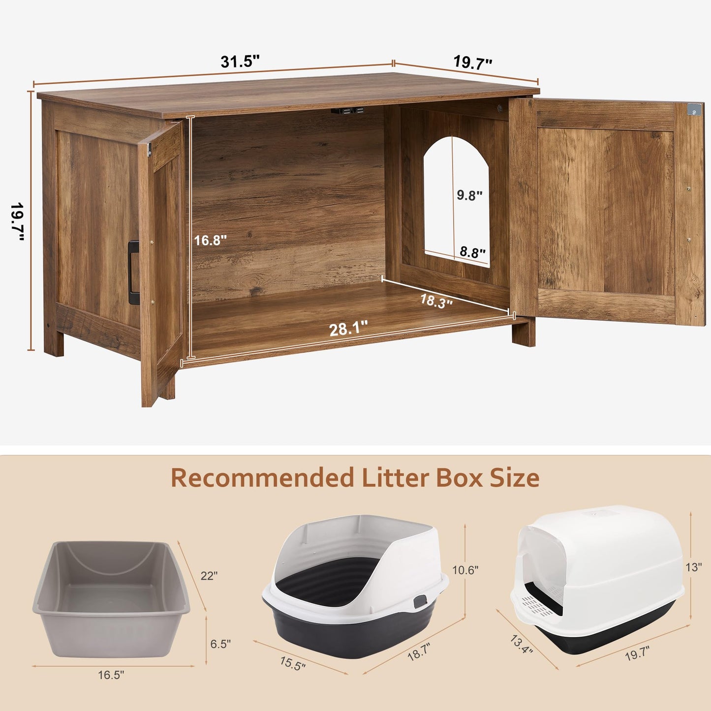 Homhedy Cat Litter Box Enclosure, Wooden Cat Washroom Furniture with Barn Door, Pet House, Fit Most of Litter Box, White