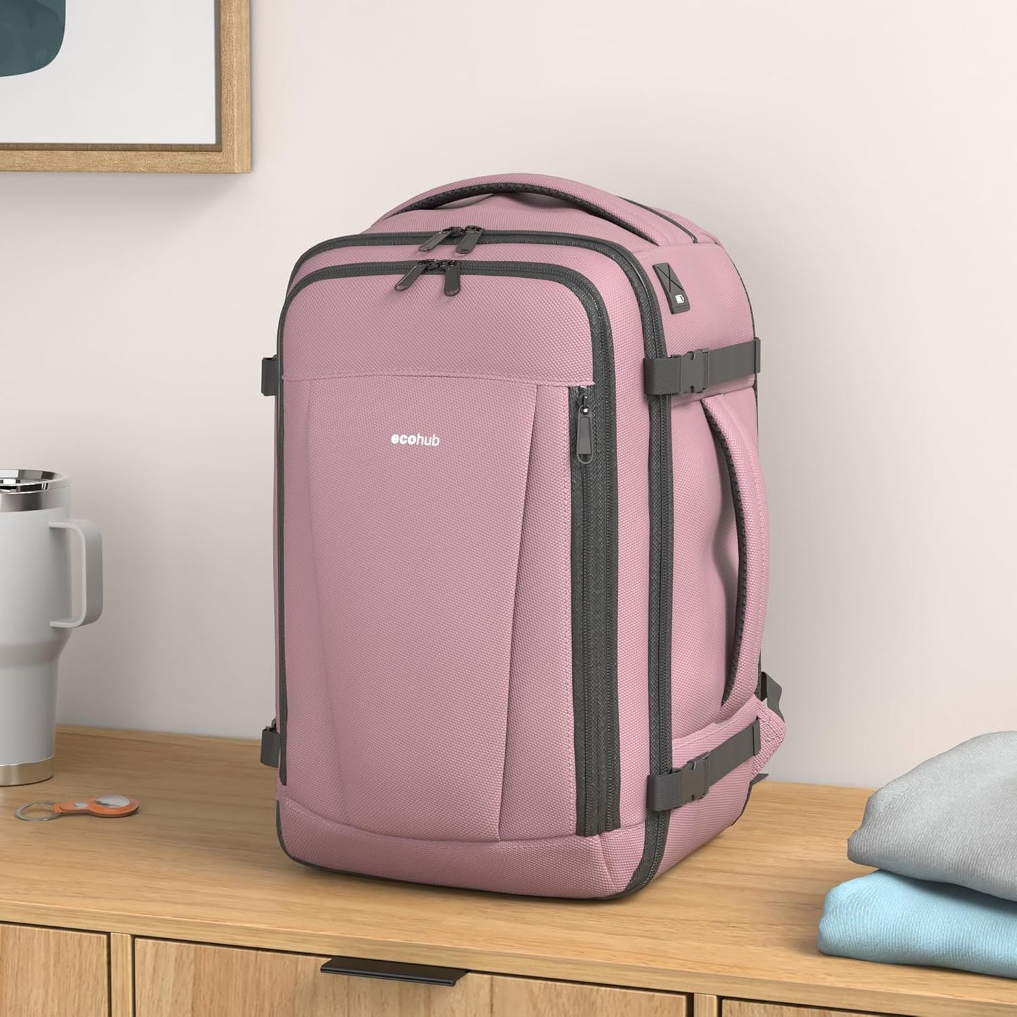 ECOHUB 16'' Reise-Rucksack Handgepäck Unterseat-Rucksack Persönlicher Gegenstand Flugzeug-Reisetasche mit 13 Taschen Handgepäck Flaschenhalter USB-Ladeanschluss Casual Daypack für Frauen Männer Schwarz
