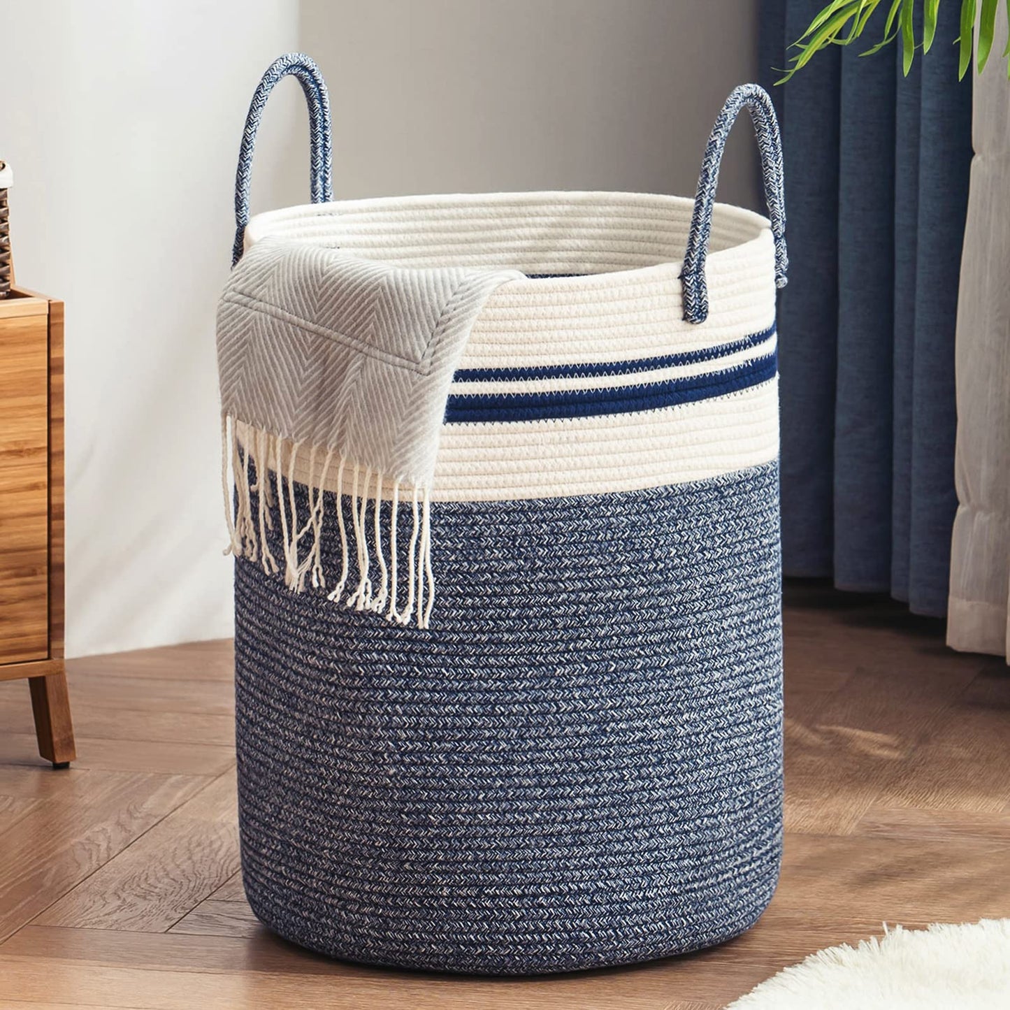 Woven Rope Laundry Hamper Basket by YOUDENOVA, 72L Tall Luandry Basket, Baby Nursery Hamper for Blanket Storage in Bedroom-Large-Jute