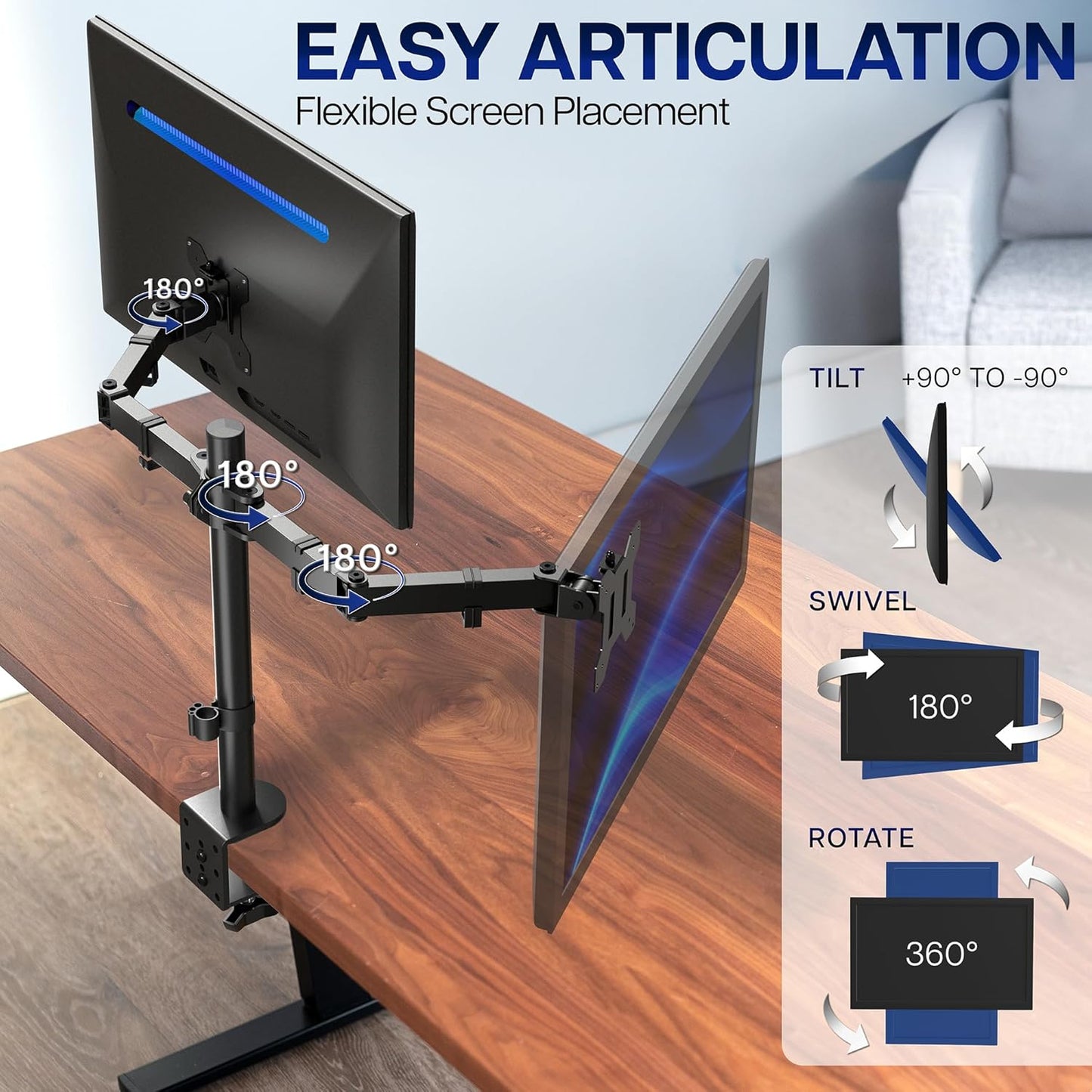 VIVO Dual-Monitor Tischhalterung, für 2 Bildschirme bis zu 30 Zoll und je 10 kg, Hochleistungs-Stahlständer voll verstellbar mit Klemme und Tülle, Schwarz, STAND-V002