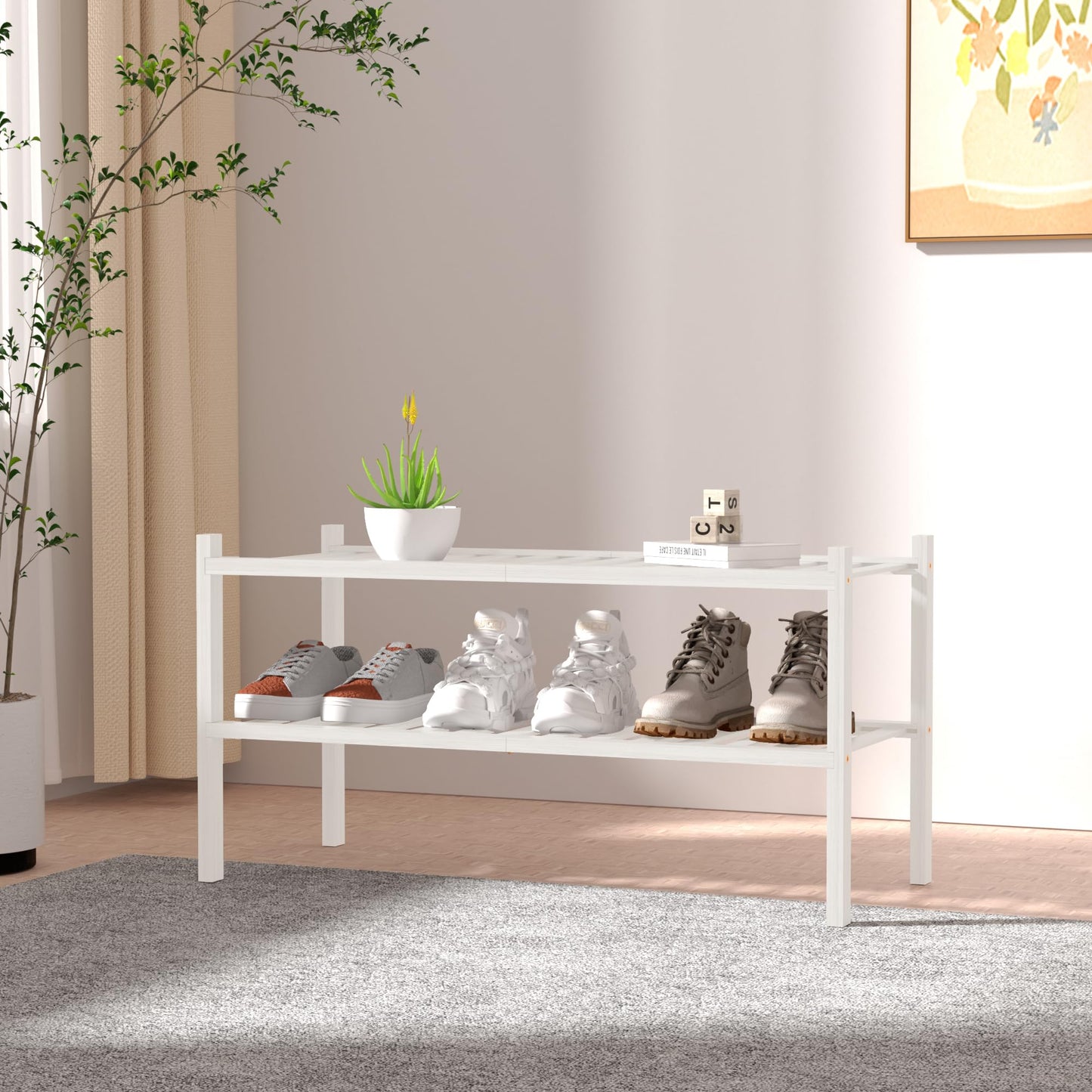 ROMGUAR CRAFT 3 Tier Bamboo Shoe Rack for Closet Free Standing Wood Shoe Shelf Storage Organizer for Entryway Small Space Stackable 27"x11"x20" (Natural)